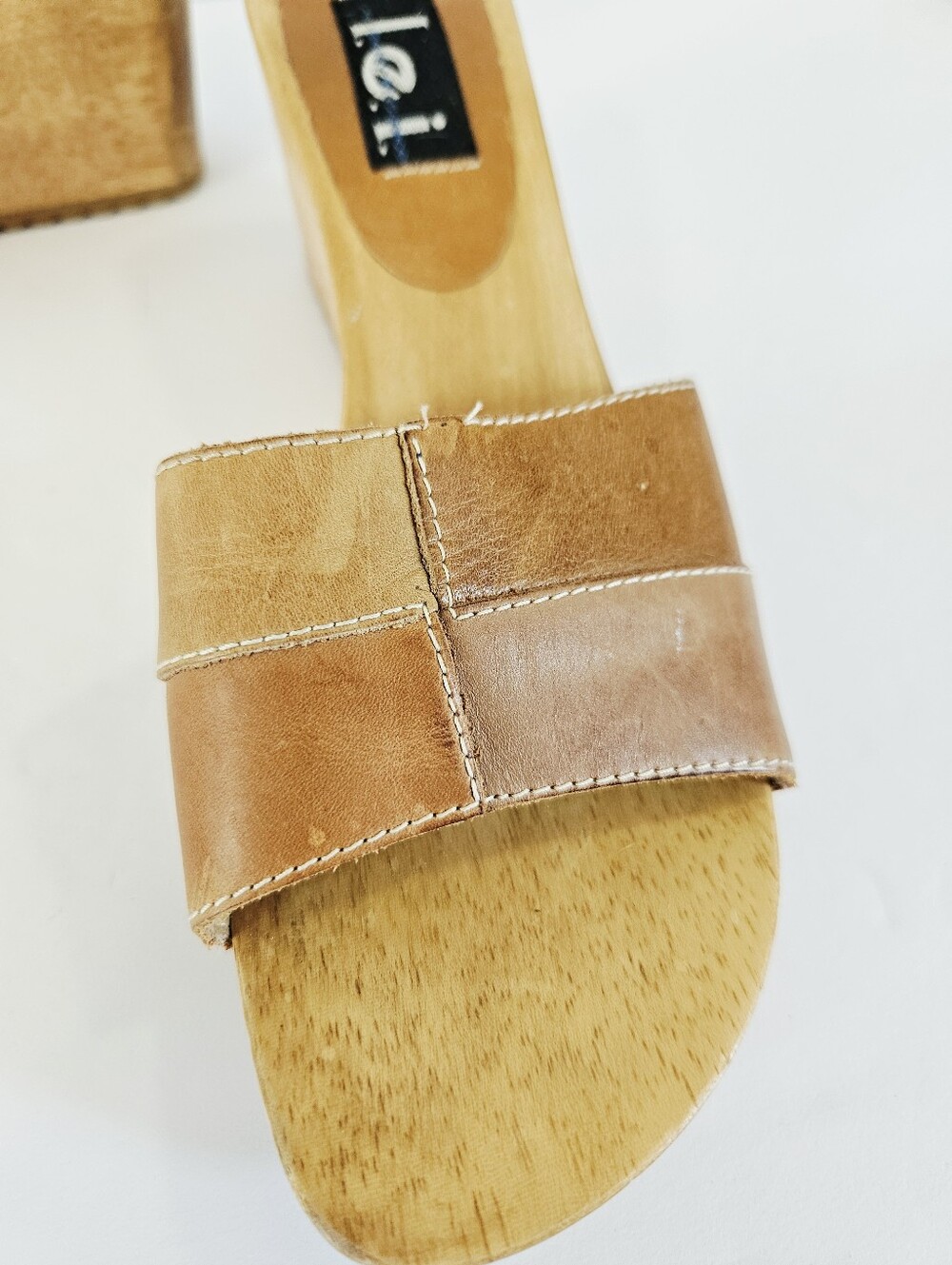 Vintage l.e.i. Wooden Diedra Platform Patchwork Leather Slip On Mule Sandals 8.5 - Picture 8 of 16
